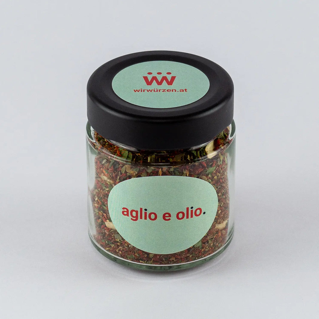Aglio e Olio 50 g Glas– aromatische italienische Gewürzmischung mit Knoblauch und Kräutern, ideal für Pasta, Pizza und Gemüse