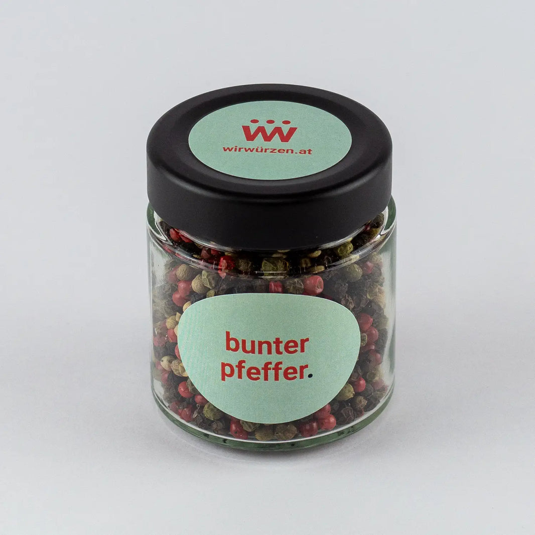 Bunter Pfeffer 60 g Glas – aromatische Pfeffermischung, ideal für Fleisch, Fisch, Gemüse, Saucen und Marinaden