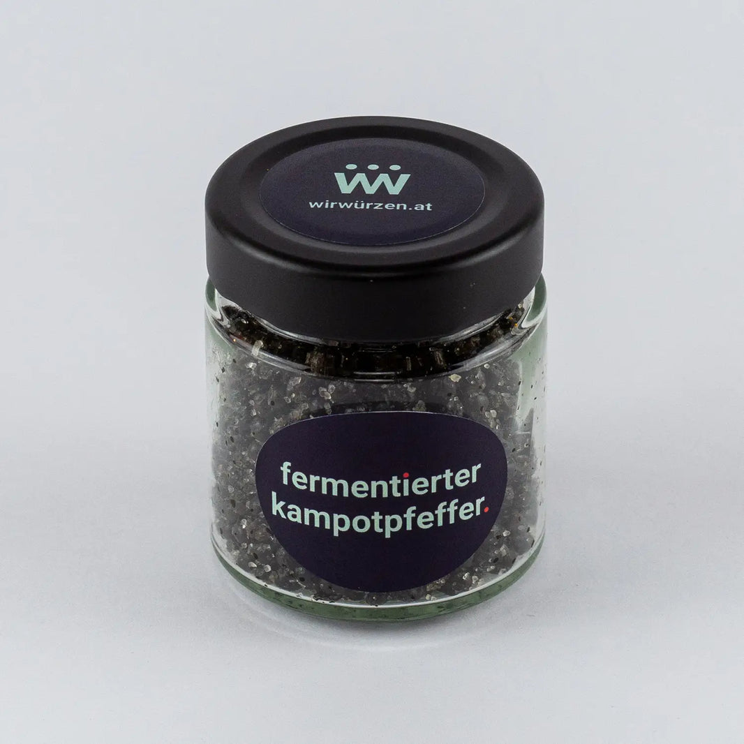 Fermentierter Kampot Pfeffer 70g im Glas – intensiv aromatische, leicht salzige Pfefferkörner mit weicher Textur