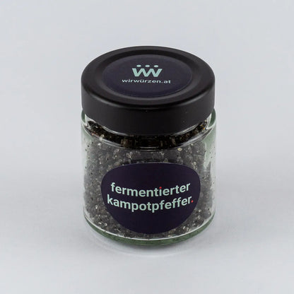 Fermentierter Kampot Pfeffer 70g im Glas – intensiv aromatische, leicht salzige Pfefferkörner mit weicher Textur