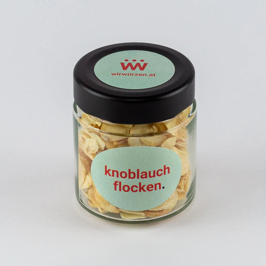 Knoblauch Flocken 50 g Glas – aromatische getrocknete Knoblauchstücke für Suppen, Saucen und Gemüsegerichte“