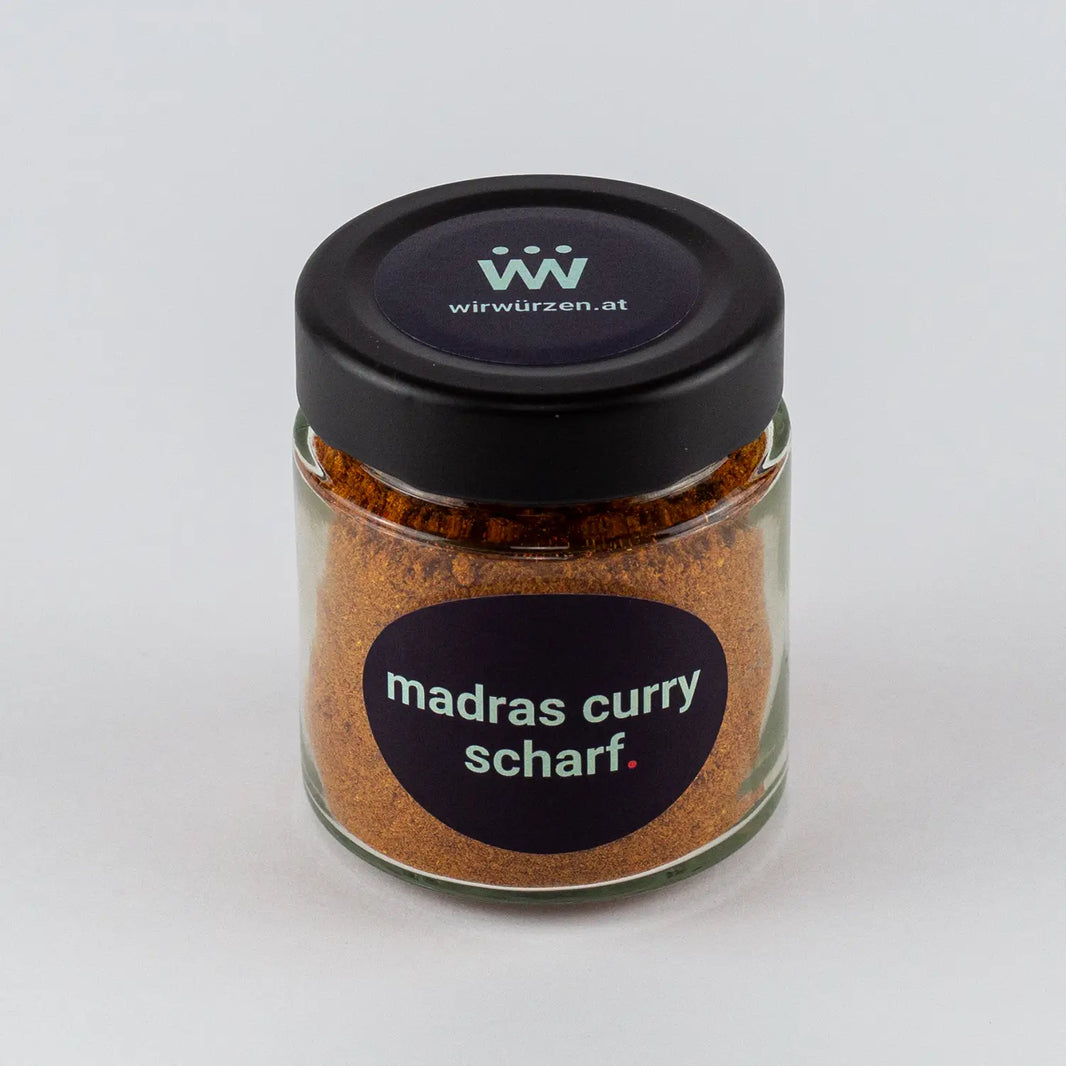 Madras Curry scharf 60 g Glas – aromatische, scharfe Currymischung für Fleischgerichte, Gemüse, Saucen und Reis
