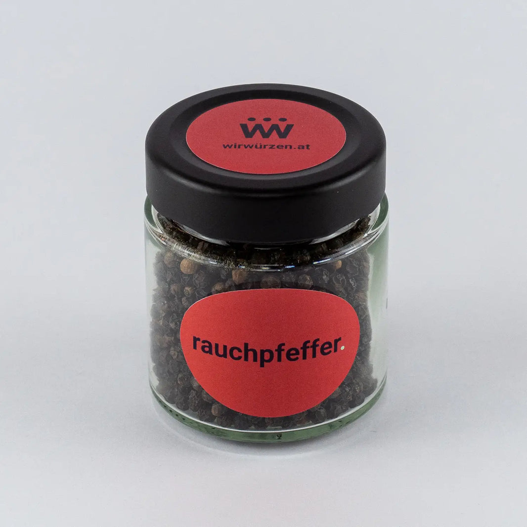 Rauchpfeffer 60 g Glas – geräucherter schwarzer Pfeffer mit intensiv rauchigem Aroma