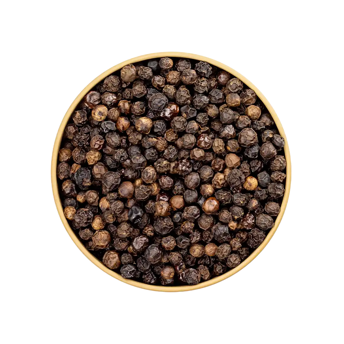 Rauchpfeffer – dunkel geräucherte Pfefferkörner in der Schale von oben fotografiert