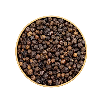 Rauchpfeffer – dunkel geräucherte Pfefferkörner in der Schale von oben fotografiert