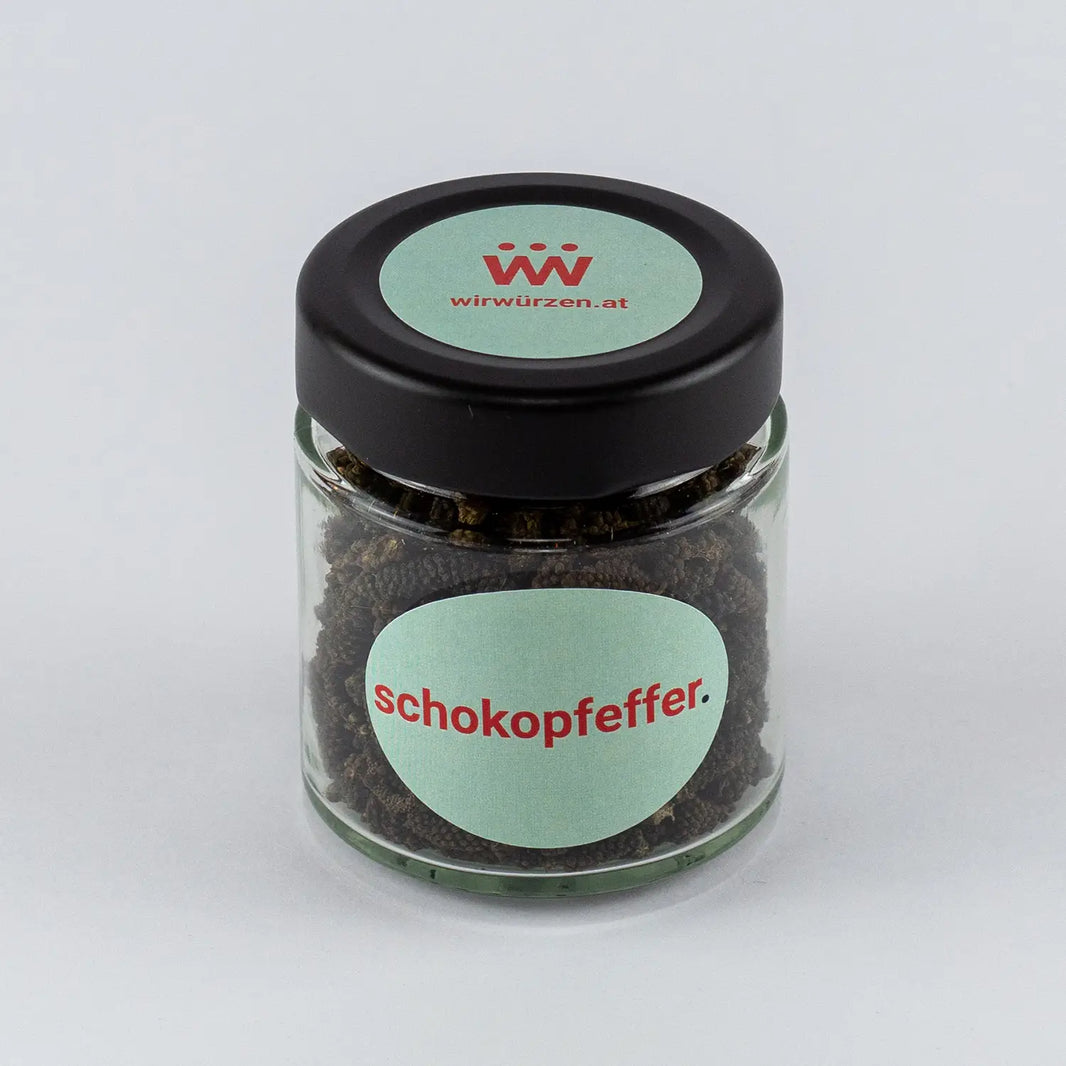 Schokoladen Pfeffer 60 g Glas – aromatischer Pfeffer mit fein-herber Kakaonote und angenehmer Schärfe
