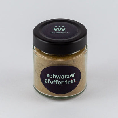 Schwarzer Pfeffer fein 60 g Glas – aromatische, milde Pfefferkörner für Fleisch, Saucen, Gemüse und Grillgerichte