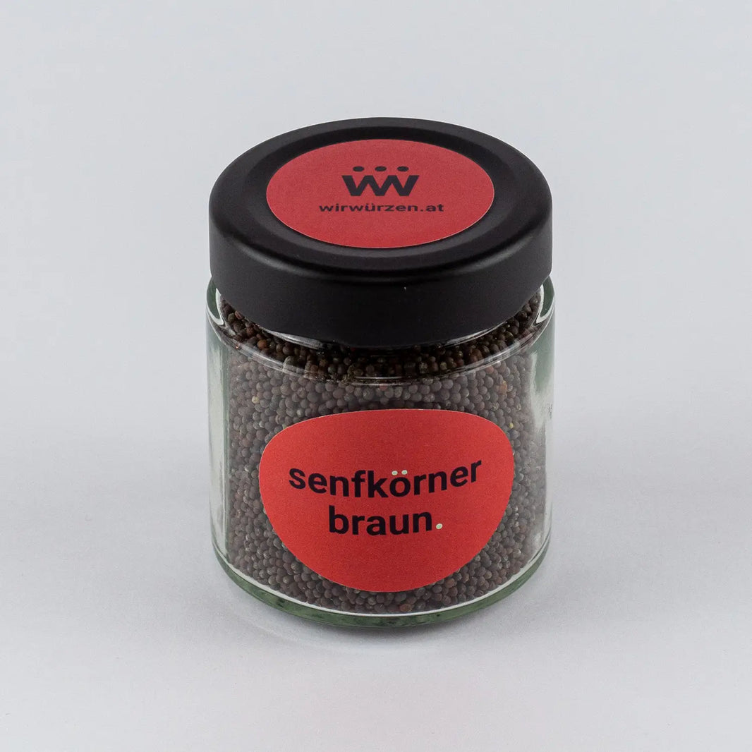 Senfkörner braun 90 g Glas – aromatische Samen für Senf, Saucen, Marinaden und Fleischgerichte